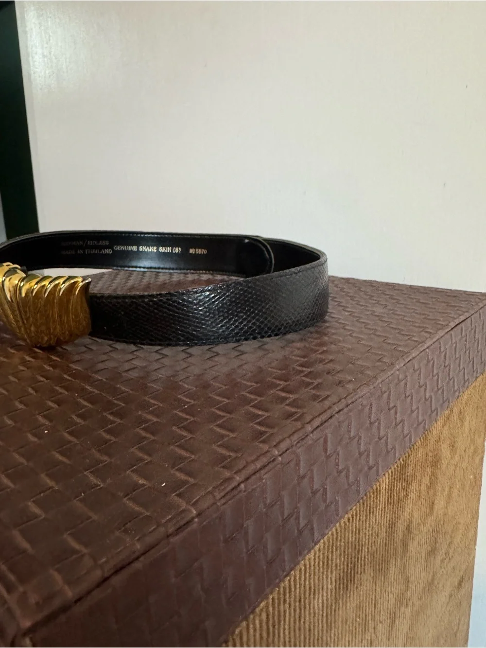 Women's Black Genuine Snakeskin Leather Belt with Gold Sculpted Buckle
